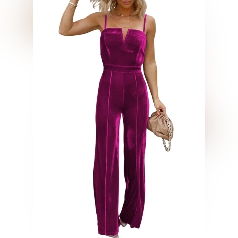 Blencot Women's Pink Sleeveless Velvet Wide Leg Overall Jumpsuit Size Small